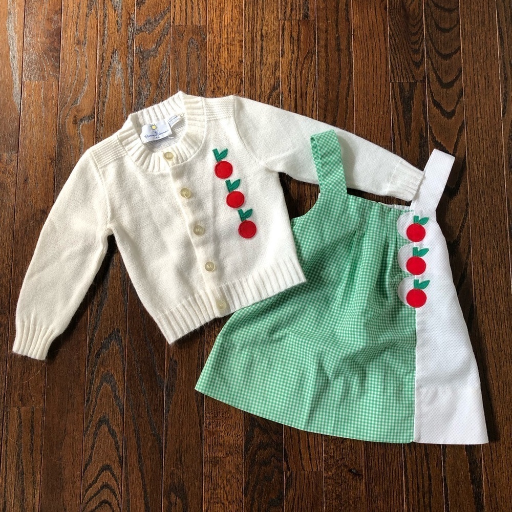 Vintage Florence Eiseman Girls 2T Cherries Sweater w/Green/White Gingham Jumper